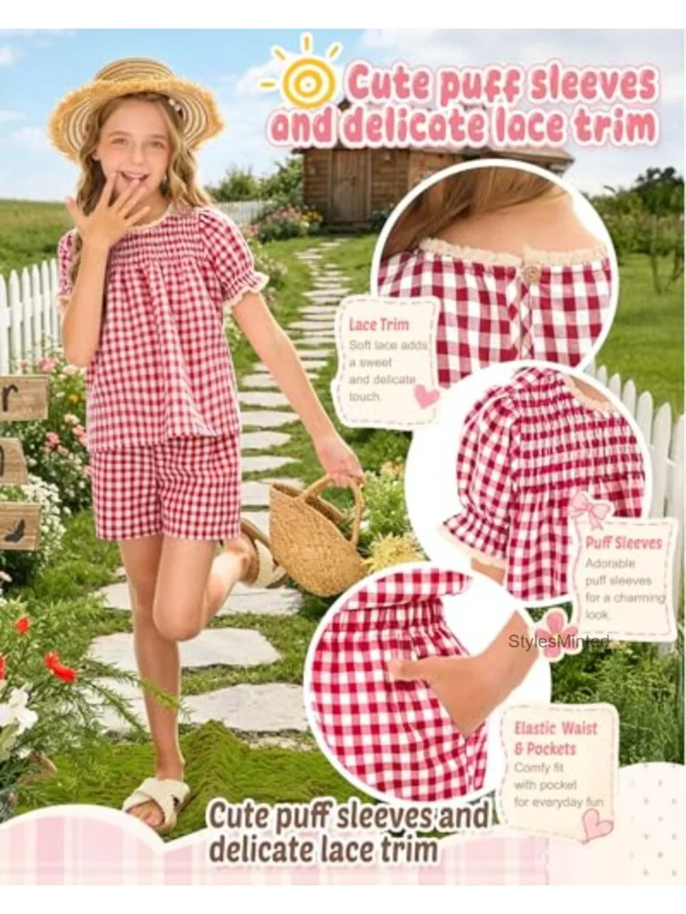 Girls 2 Piece Gingham Short Set with Puff Sleeves and Lace Trim